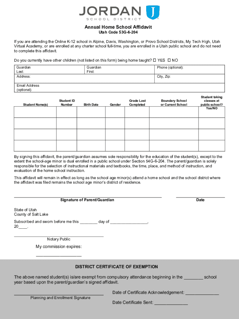 2020 2025 Form UT Jordan School District Annual Home School Affidavit Fill Online Printable Fillable Blank PdfFiller