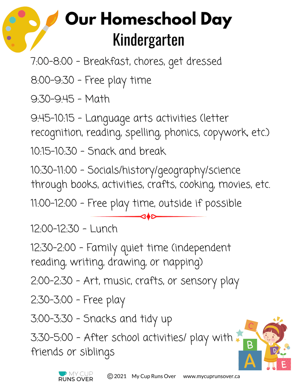 Printable Kindergarten Homeschool Schedule
