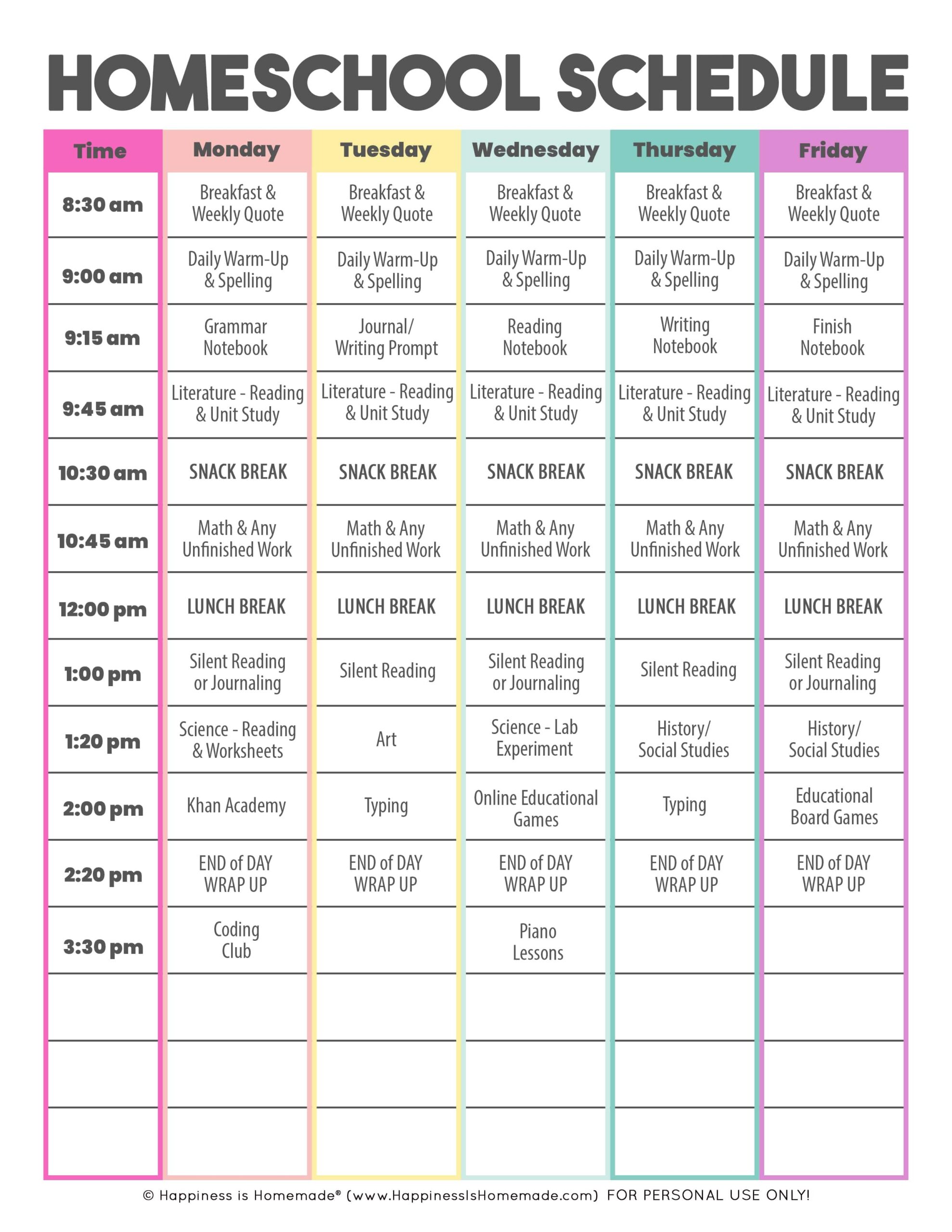 2Nd Grade Homeschool Schedule Free Printable