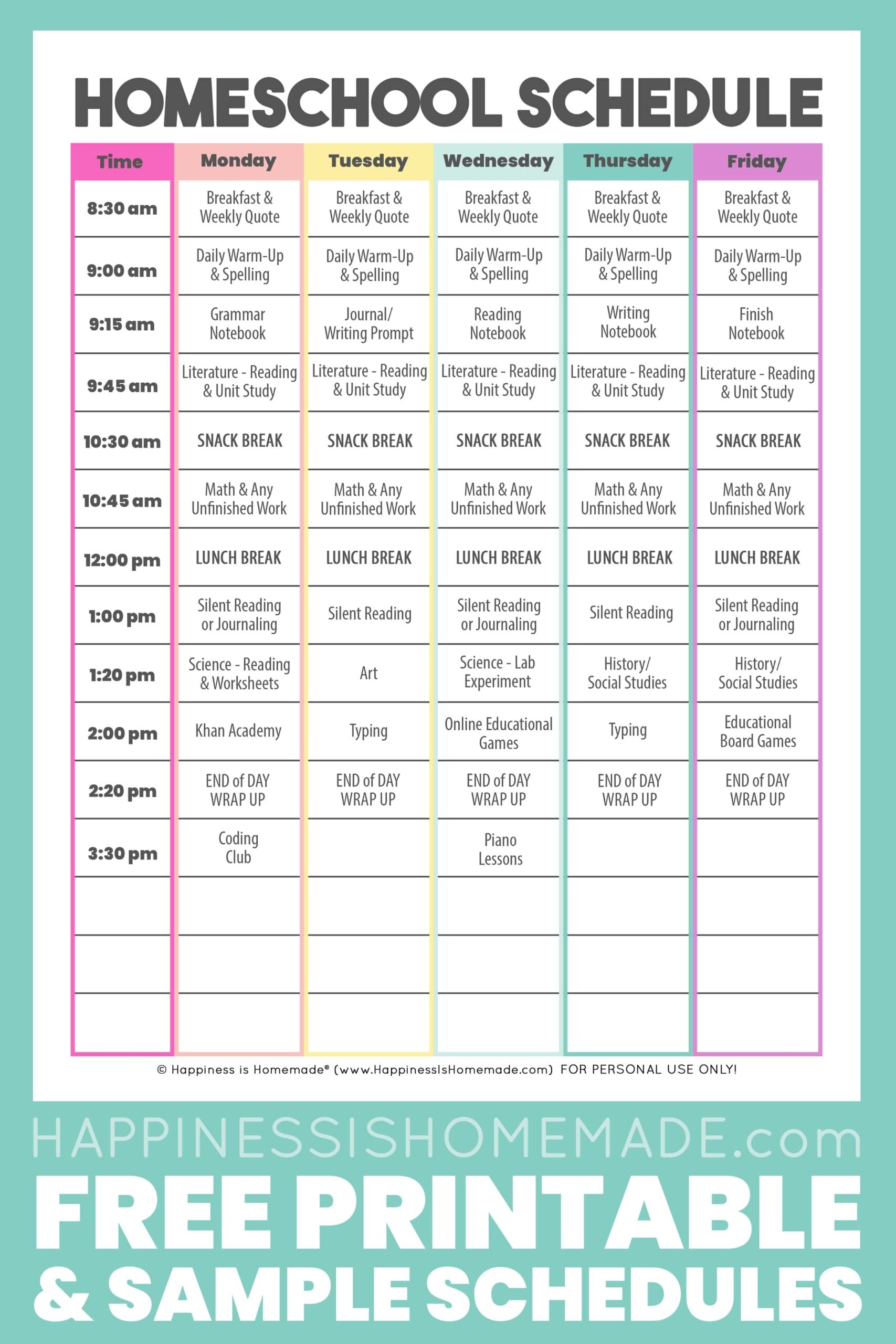 Block Schedule Homeschool Printable