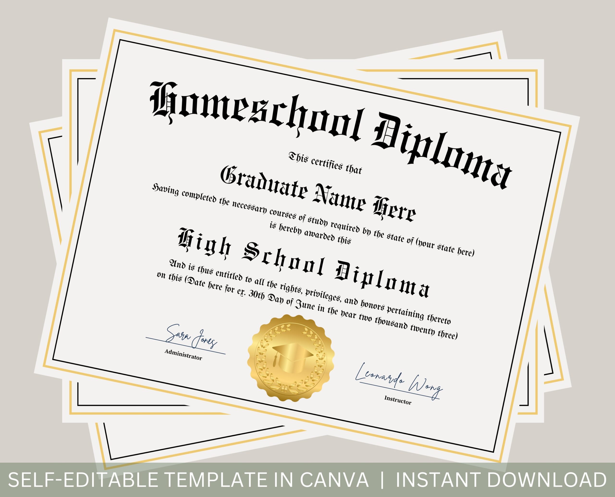 Editable Homeschool Diploma With Gold Seal Printable Homeschool Graduation Diploma Template Graduation Certificate Instant Download File Etsy