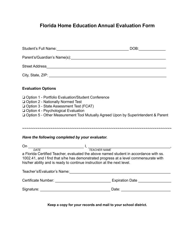 Florida Homeschool Evaluation Form Pdf Fill Online Printable Fillable Blank PdfFiller