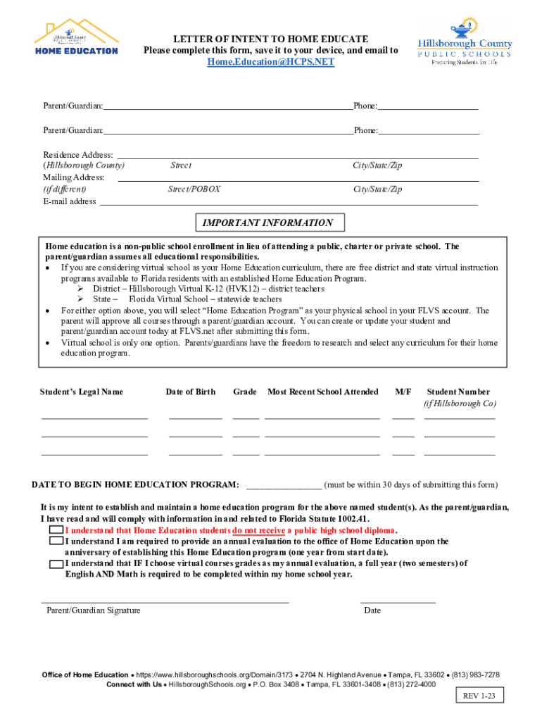 Notice Of Intent Homeschool Printable