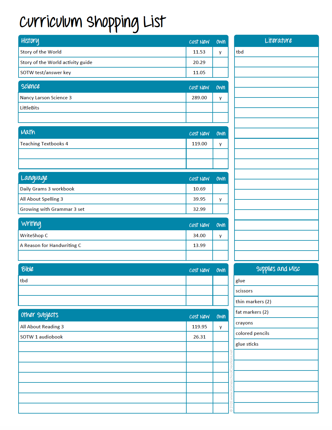 Homeschool Curriculum Shopping List