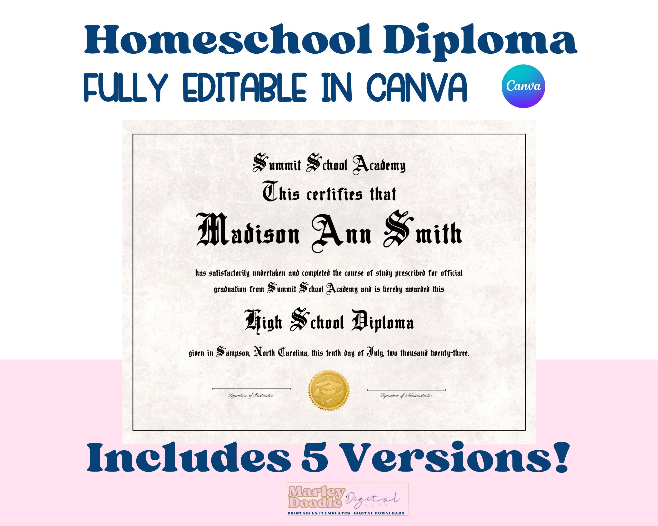 Homeschool Diploma With Seal Diploma Template Editable Etsy