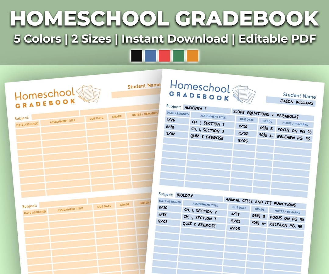 Homeschool Gradebook Printable Homeschool Grading Sheet Template Kit Perfect For Homeschool Students And Teachers 2 Sizes 5 Colors Etsy