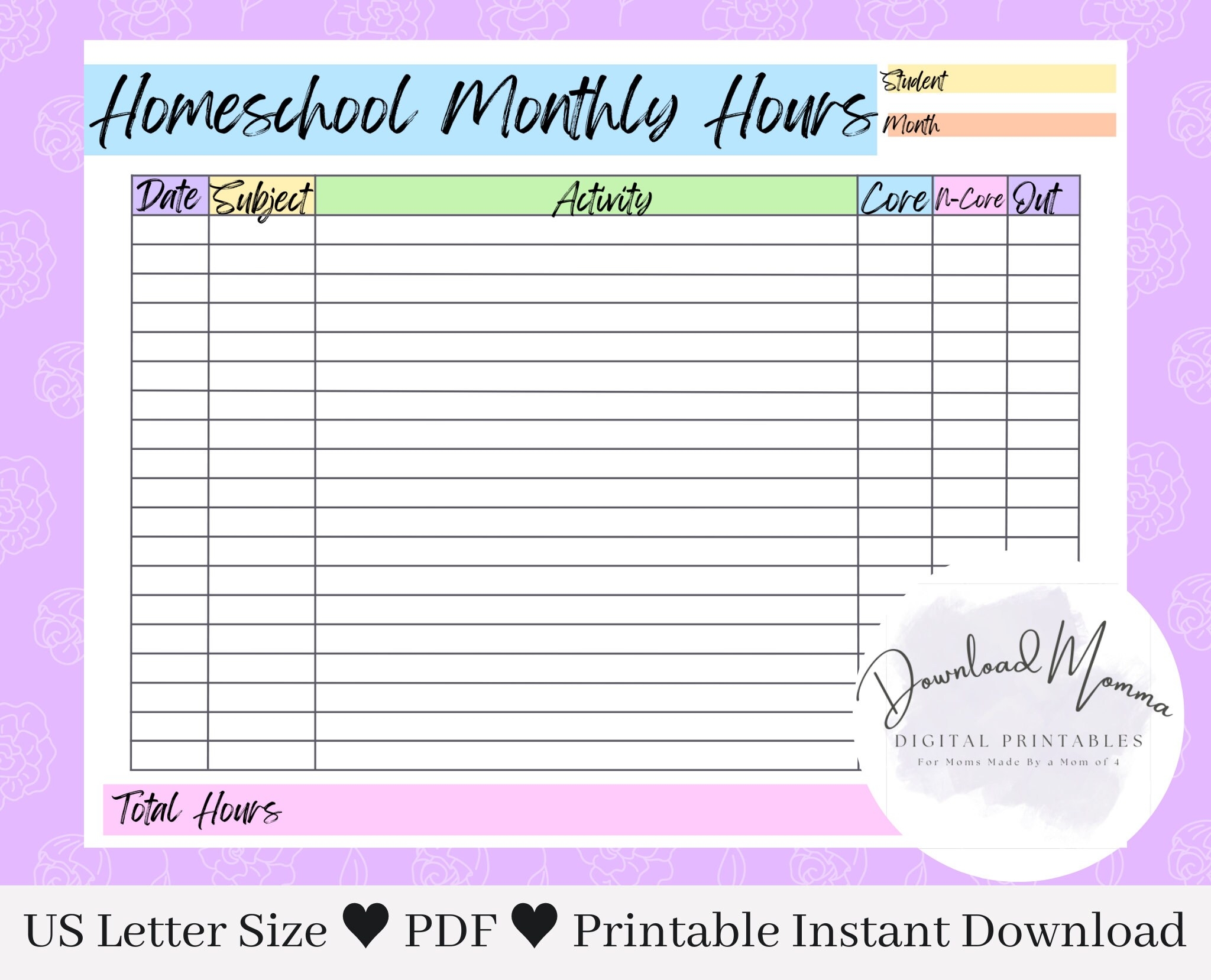 Homeschool Monthly Hours Log Printable Homeschool Log Template Homeschool Hours Tracker Download Homeschool Schedule Binder Planner Etsy