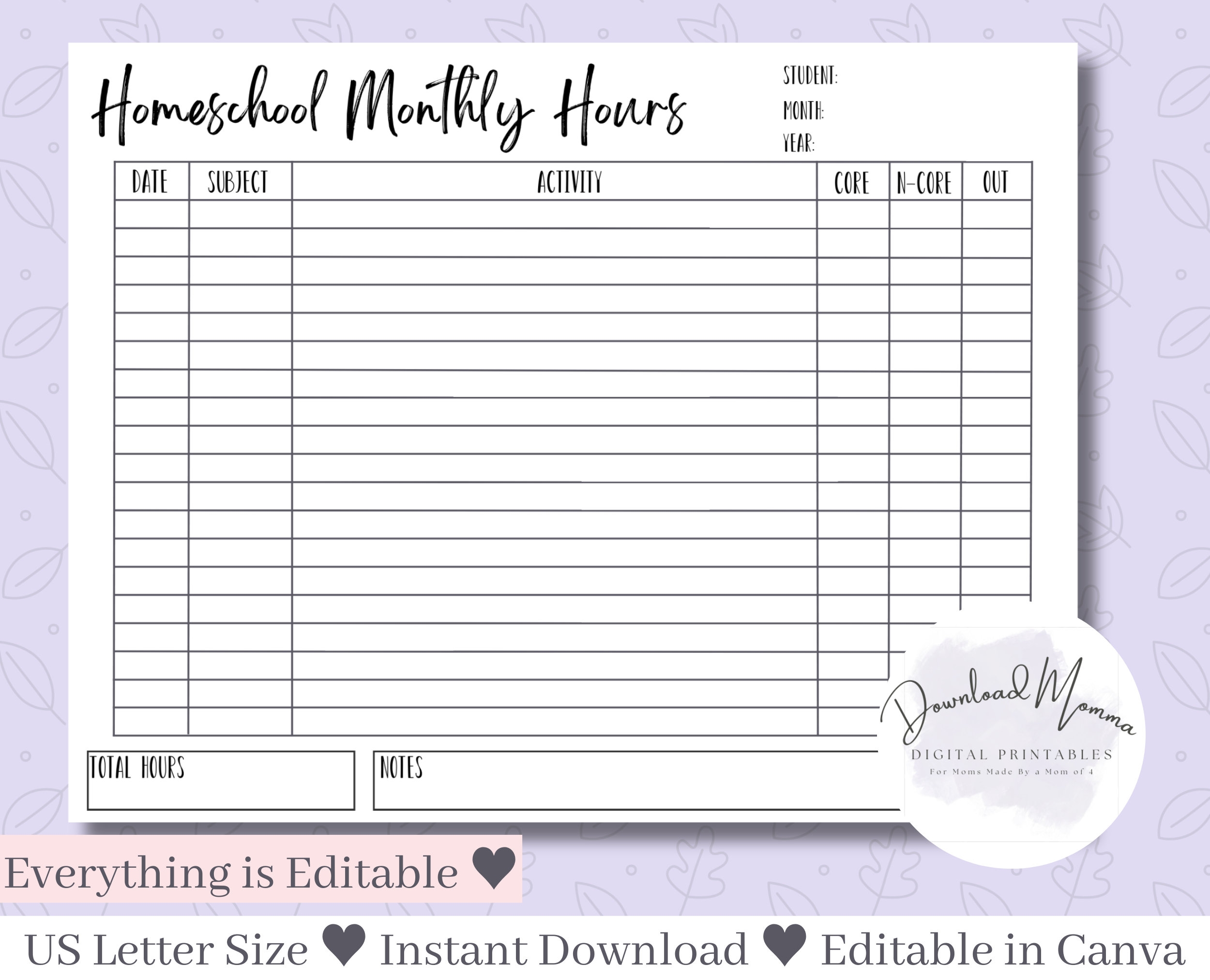Homeschool Log By Subject Printable
