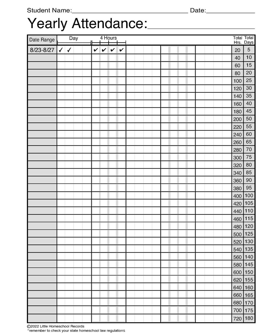 Printable Homeschool 180 Day Attendance Tracker