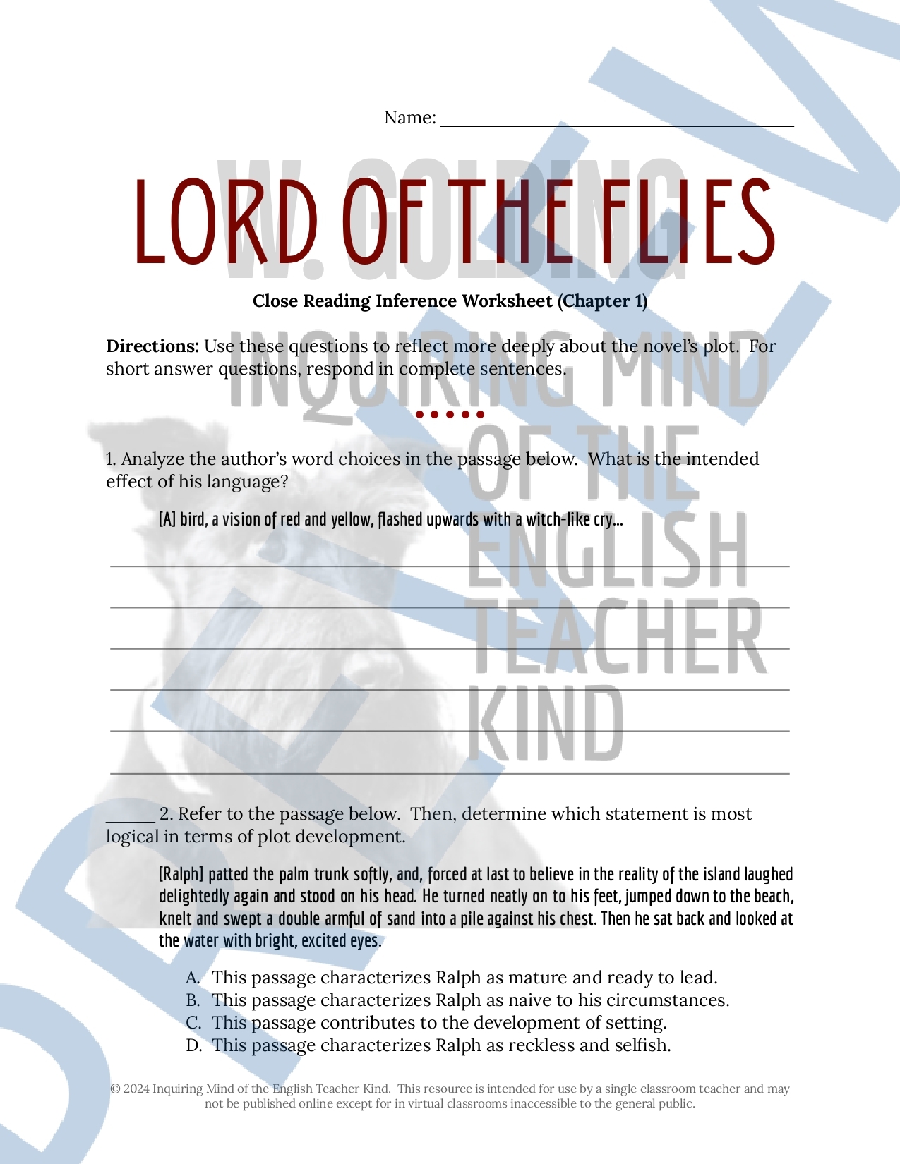 Lord Of The Flies Worksheets And Answers 9Th Grade Homeschool Free Printable
