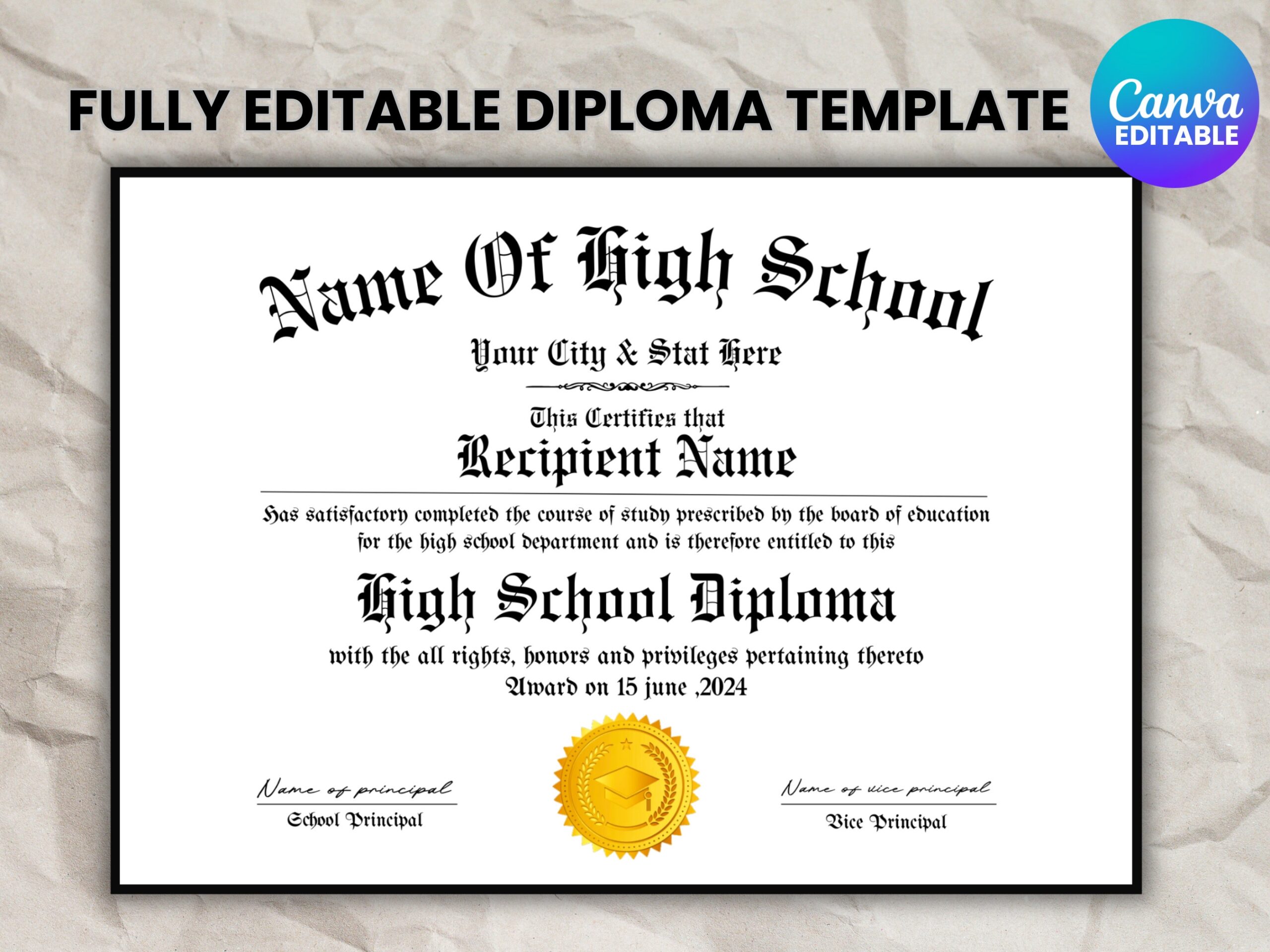 Printable High School Diploma Template Home School Diploma High School Diploma Diploma Replica Template Instant Download Etsy