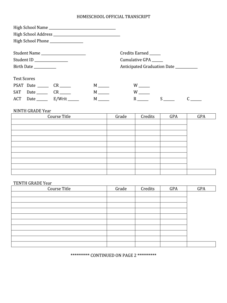 Homeschool Transcript Free Printable;