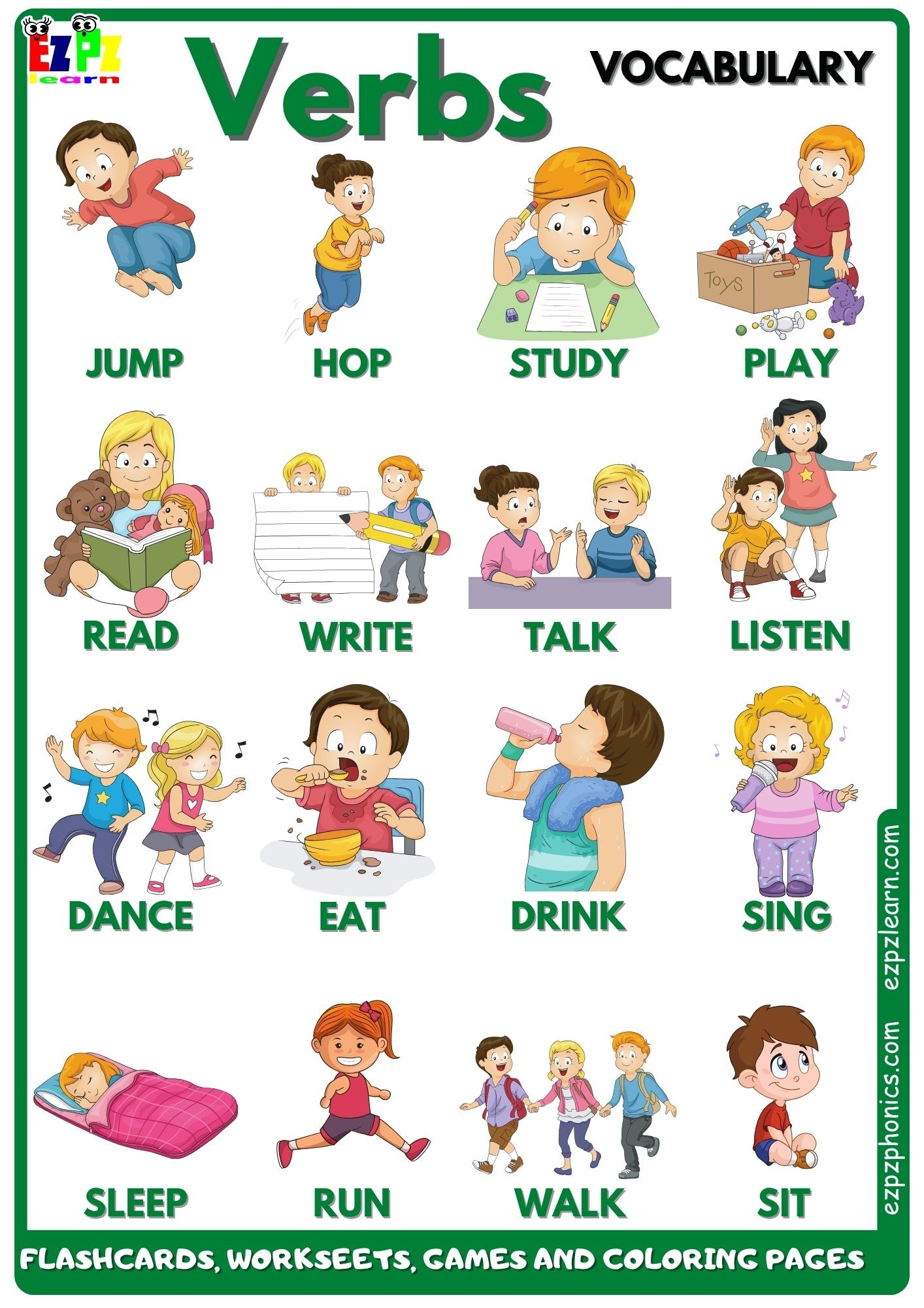 Verbs And Action Words Vocabulary Free English Vocabulary Flashcards Worksheets Coloring Pages Games And More For Homeschool And English Language Learners Ezpzlearn